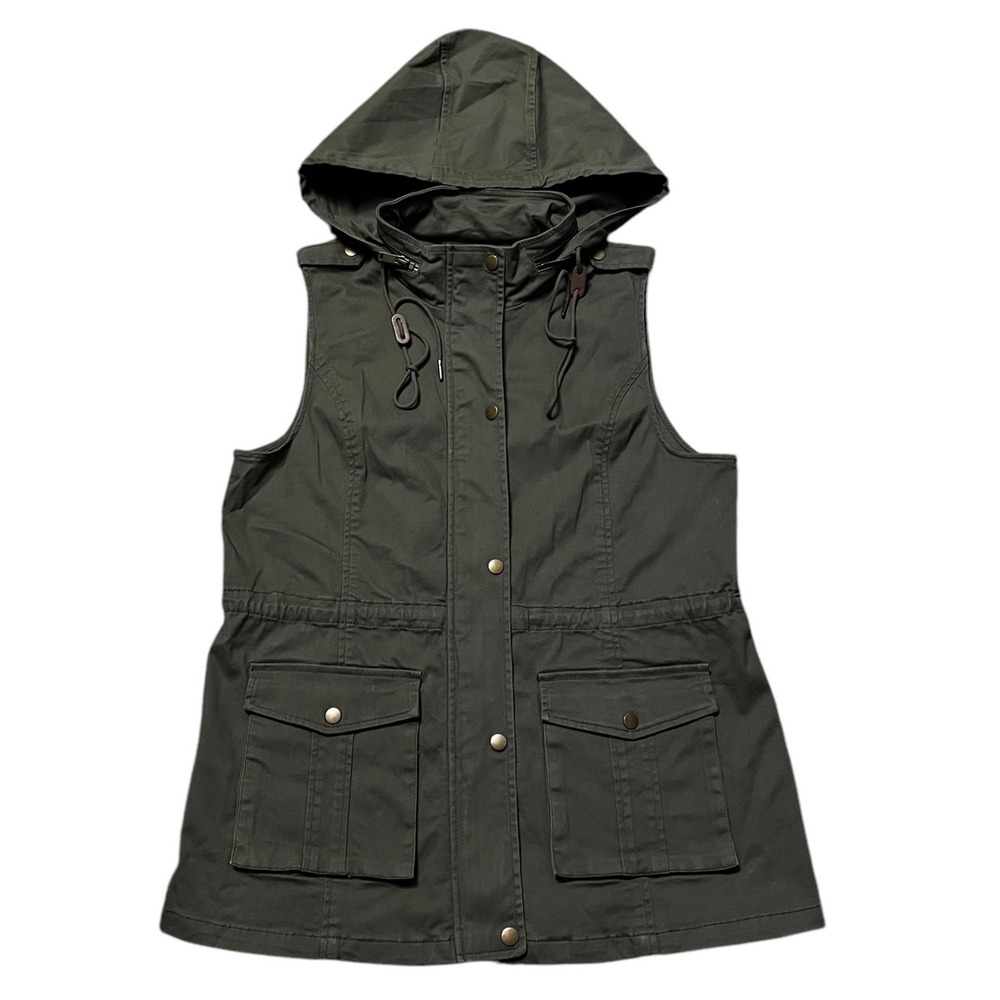 Market & Spruce Olive Green Hooded Utility Vest‎ Women's Size L Military Style